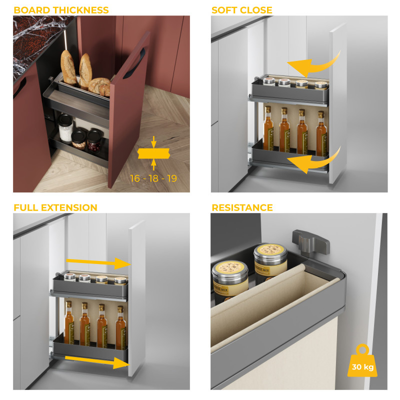 Carrello estraibile Harmony 300mm Emuca acciaio legno grigio cucina