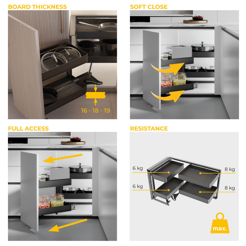 Carrello estraibile con cestelli e portapane Harmony con chiusura soft, Modulo larghezza 300mm altezza 700mm, Acciaio