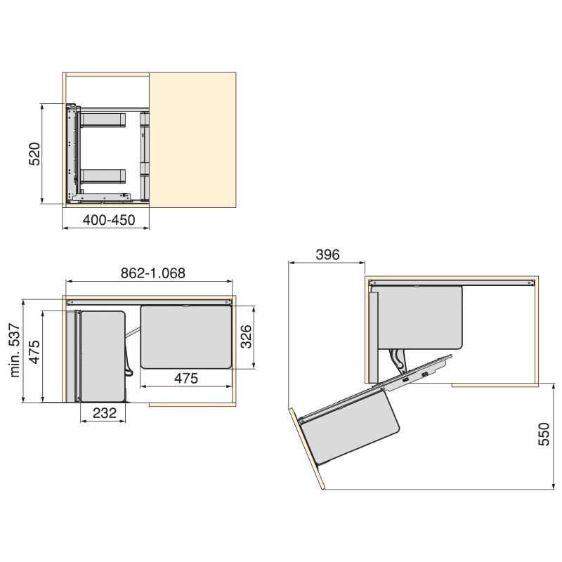 Carrello estraibile con cestelli e portapane Harmony con chiusura soft, Modulo larghezza 300mm altezza 700mm, Acciaio