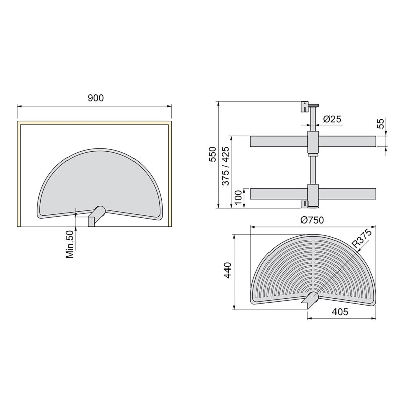 Set di piatti girevoli 3/4 Shelvo, per modulo da 900 mm, Tecnoplastica e Alluminio, Bianca