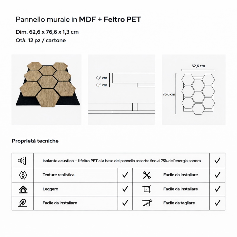 Pannelli Murali Esagonali MDF Fonoassorbenti Set 12 pz