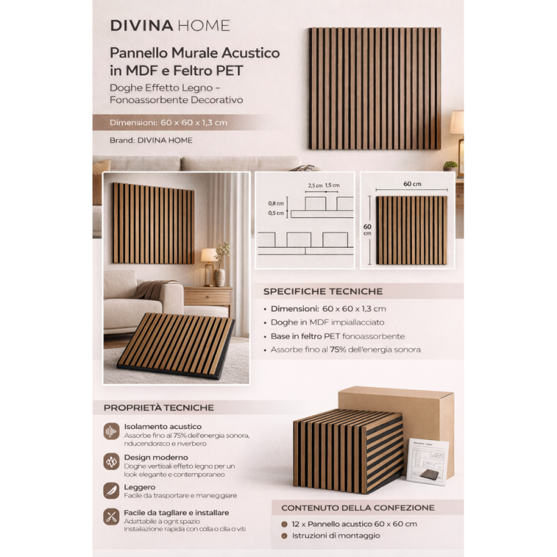 Pannello Decorativo Doghe MDF Fonoassorbente 60x60 Set 12