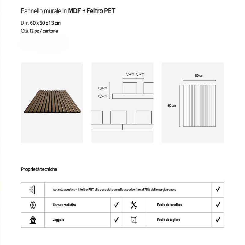 Pannello Decorativo Doghe MDF Fonoassorbente 60x60 Set 12