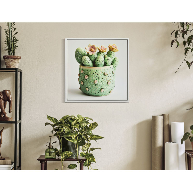 Stampa Su Tela Laccata Con Cornice Vasetto Cactus -a- cm 40x2,8x40