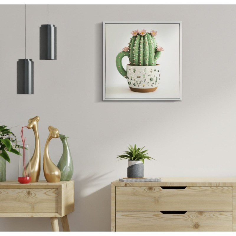 Stampa Su Tela Laccata Con Cornice Vasetto Cactus -b- cm 40x2,8x40