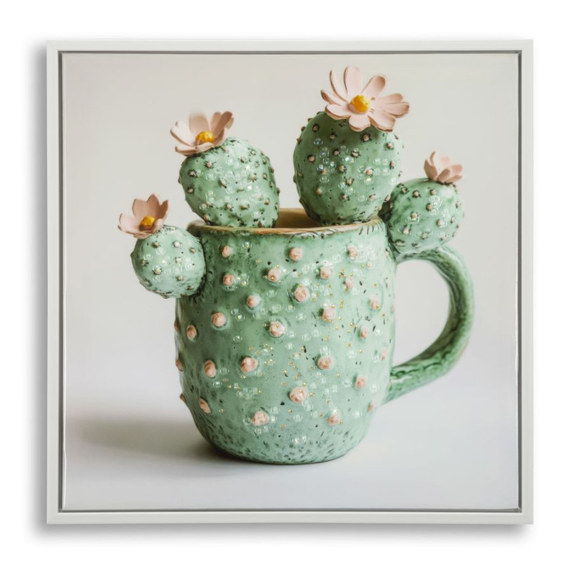 Stampa Su Tela Laccata Con Cornice Vasetto Cactus -c- cm 40x2,8x40
