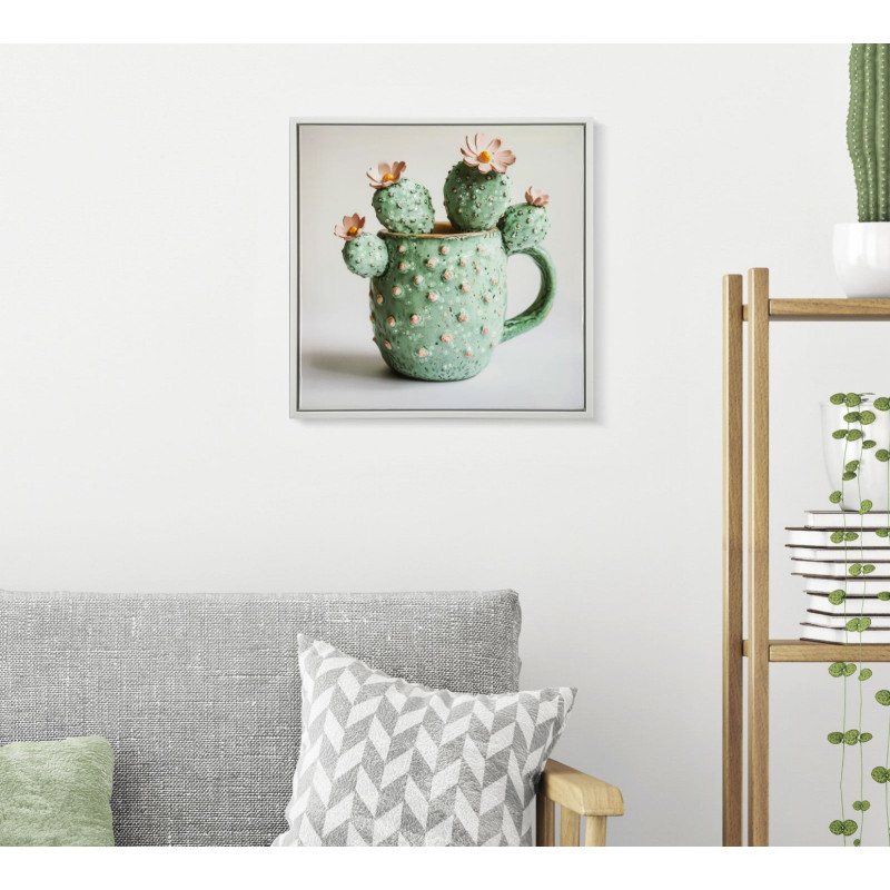 Stampa Su Tela Laccata Con Cornice Vasetto Cactus -c- cm 40x2,8x40