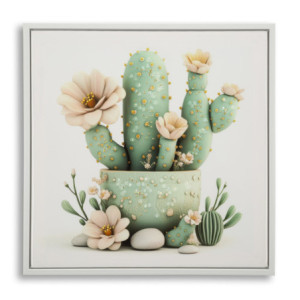 Stampa Su Tela Laccata Con Cornice Vasetto Cactus -d- cm 40x2,8x40