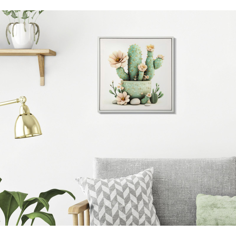 Stampa Su Tela Laccata Con Cornice Vasetto Cactus -d- cm 40x2,8x40