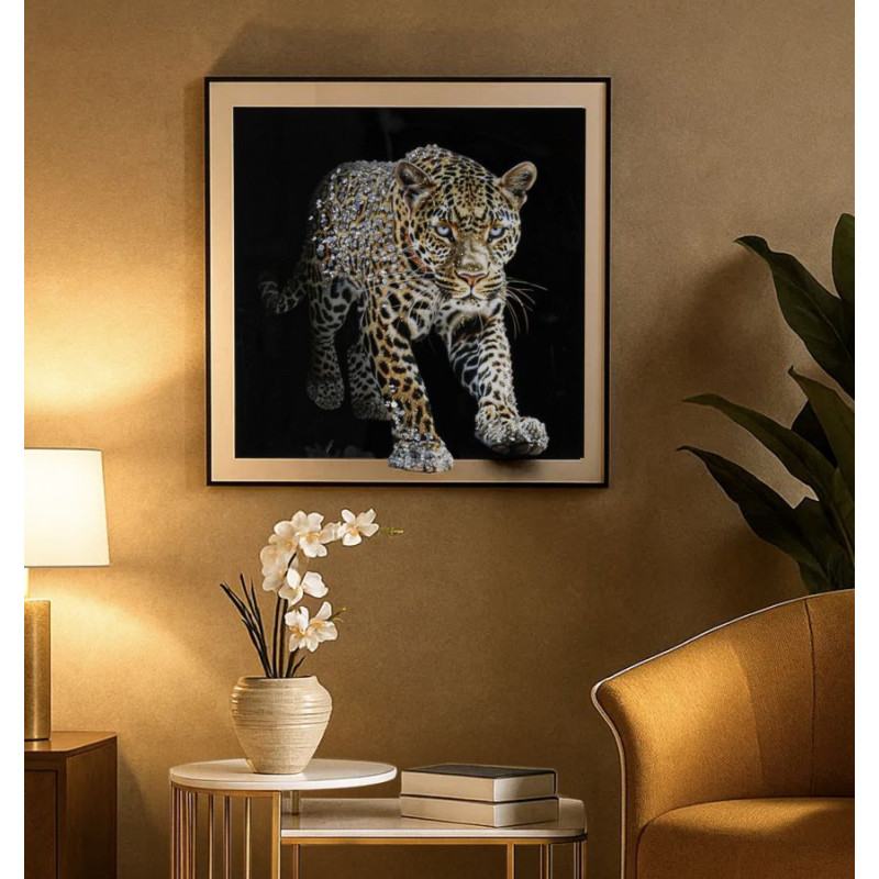 Dipinto Su Tela Laccato Giaguaro Con Cornice -a- cm 82x4x82