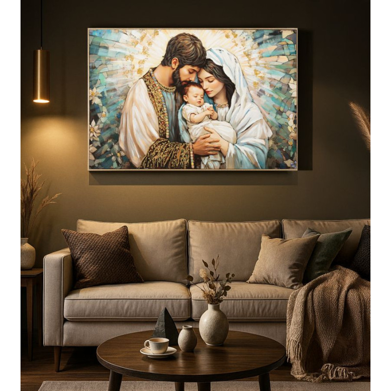 Stampa Dipinta Su Tela Laccata Nativita' Con Cornice cm 122x4x82