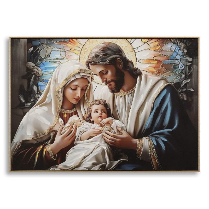 Stampa Dipinta Su Tela Laccata Nativita' Con Cornice cm 102x4x72