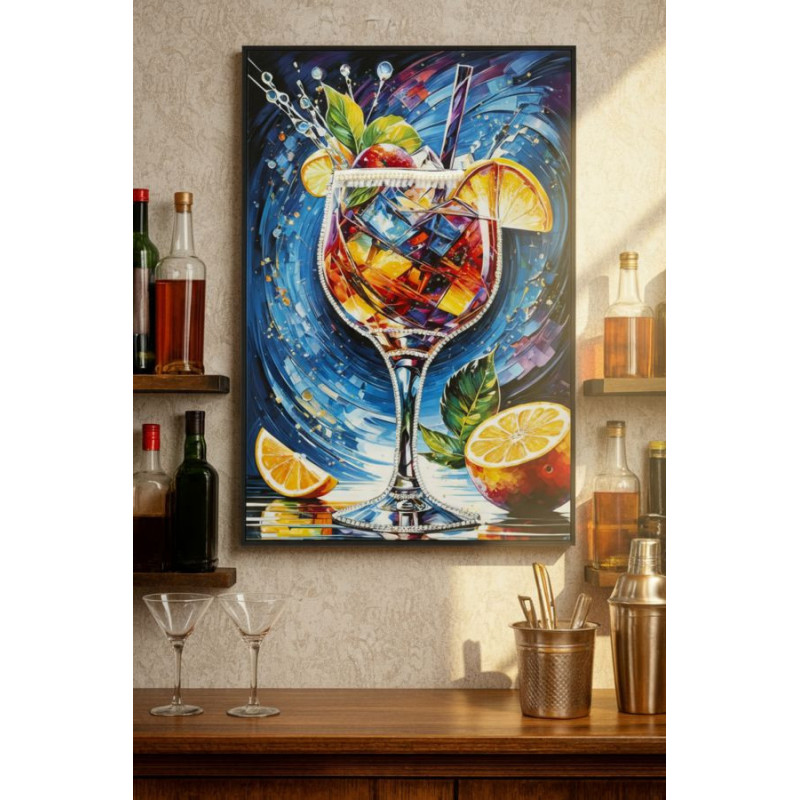 Stampa Decorata Su Tela Laccata Con Cornice Cocktail -b- cm 62x3,5 x92