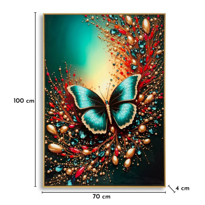 Stampa Decorata Su Tela Laccata Con Cornice Butterly -b- cm 70x4x100