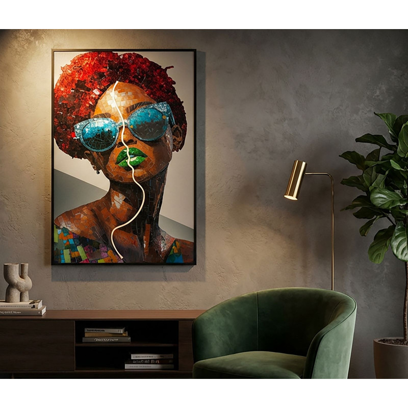 Stampa Con Led Su Tela Afro cm 60x3,5x90 (applicazione 3d Acrilico)