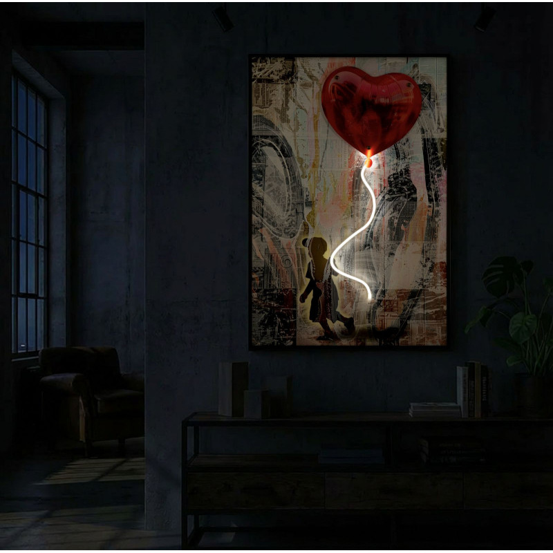 Stampa Con Led Su Tela Heart cm 60x3,5x90 (applicazione 3d Acrilico)