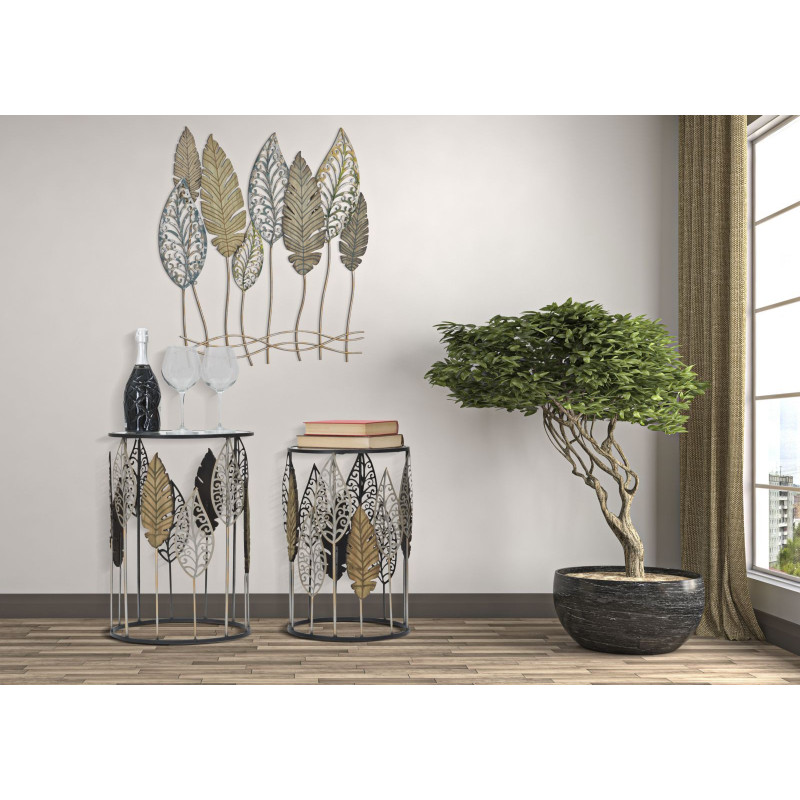 Tavolinetti In Ferro E Legno Foglie Coppia cm 38x55-33x50
