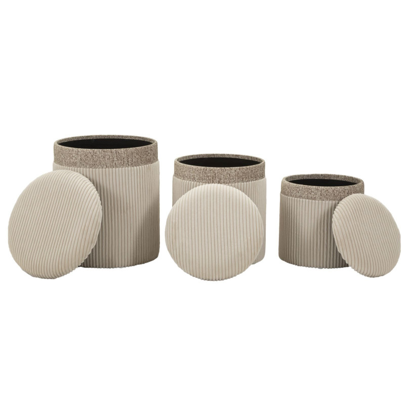 Puff Con Contenitore Cortina Crema Set 3 Pz cm ø 40,5x49,5-35x42-31x38