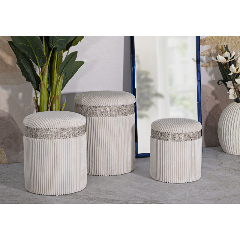 Puff Con Contenitore Cortina Crema Set 3 Pz cm ø 40,5x49,5-35x42-31x38