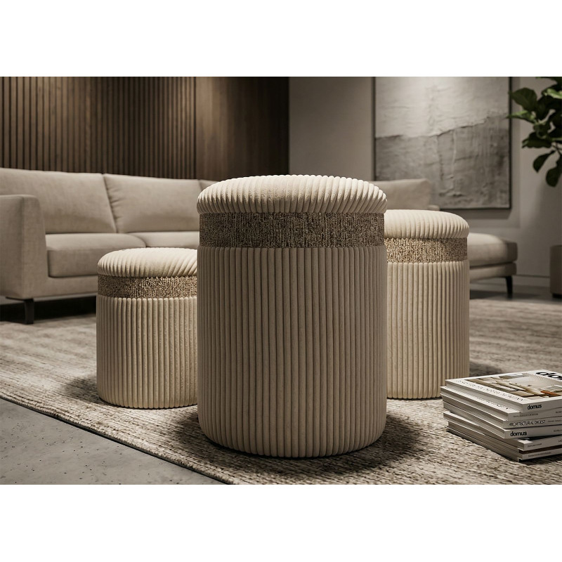 Puff Con Contenitore Cortina Crema Set 3 Pz cm ø 40,5x49,5-35x42-31x38