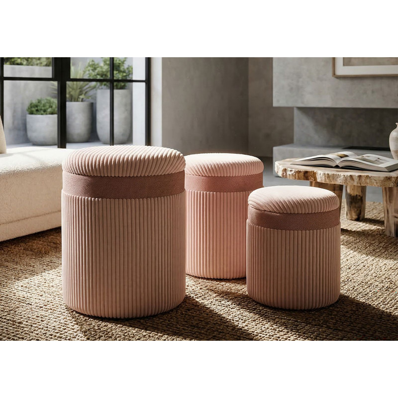 Puff Con Contenitore Cortina Rosa Set 3 Pz cm ø 40,5x49,5-35x42-31x38