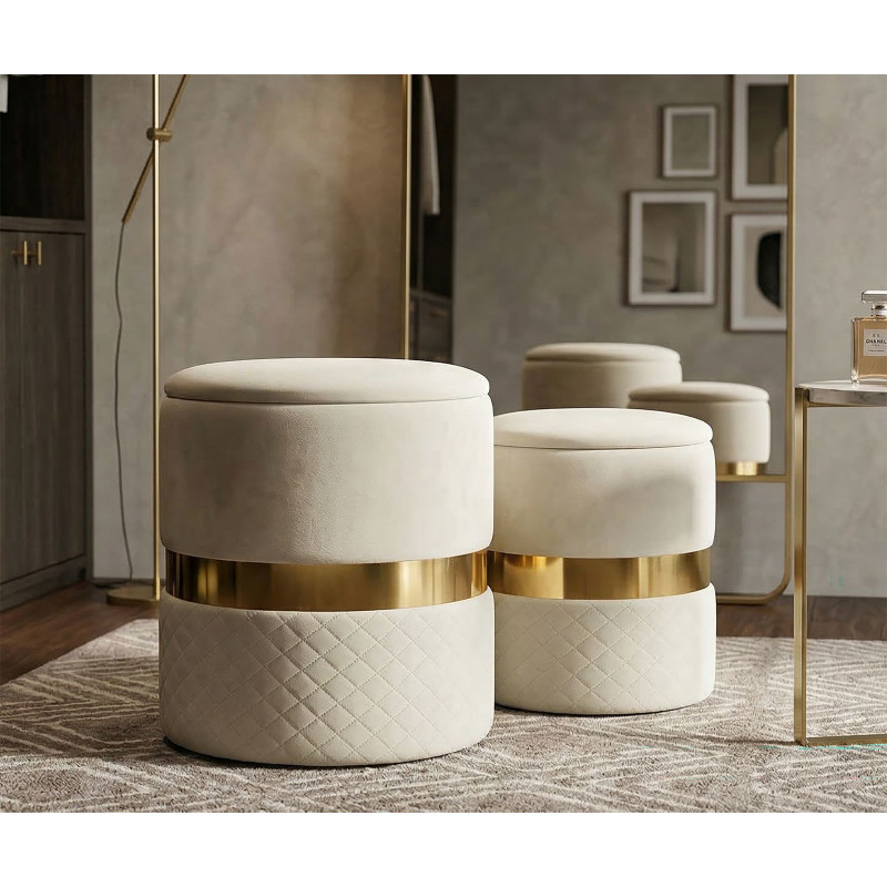 Puff Con Contenitore Sheffild Crema Set 2 Pz cm ø 37x42-28x35