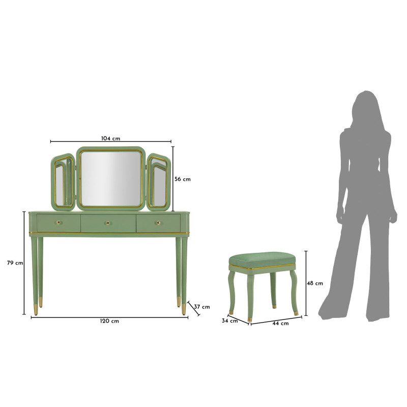 Toletta Camille Con Specchio E Sgabello Verde cm 120x37x79-104x2,5x56-44x34x48