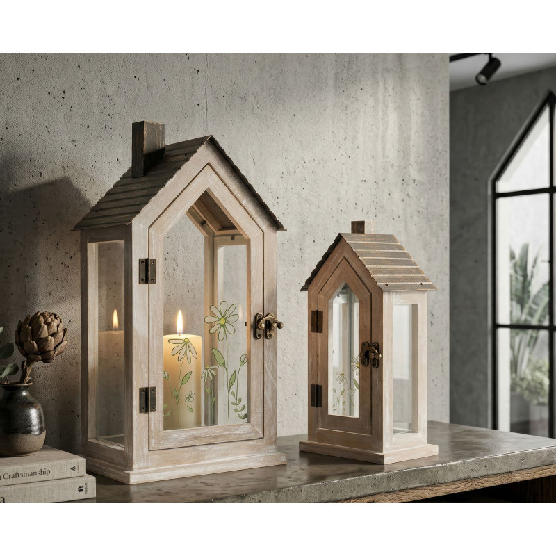 Lanterne Home Flower Coppia cm 18x13x36-12,5x8,5x25 (vetro Temperato)