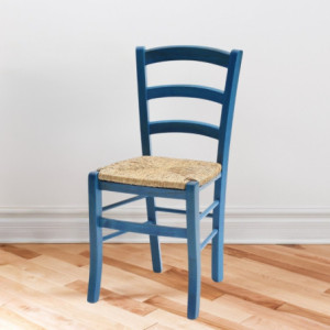 Sedia Venezia colore anilina celeste in legno di faggio con seduta in paglia set 2 pezzi