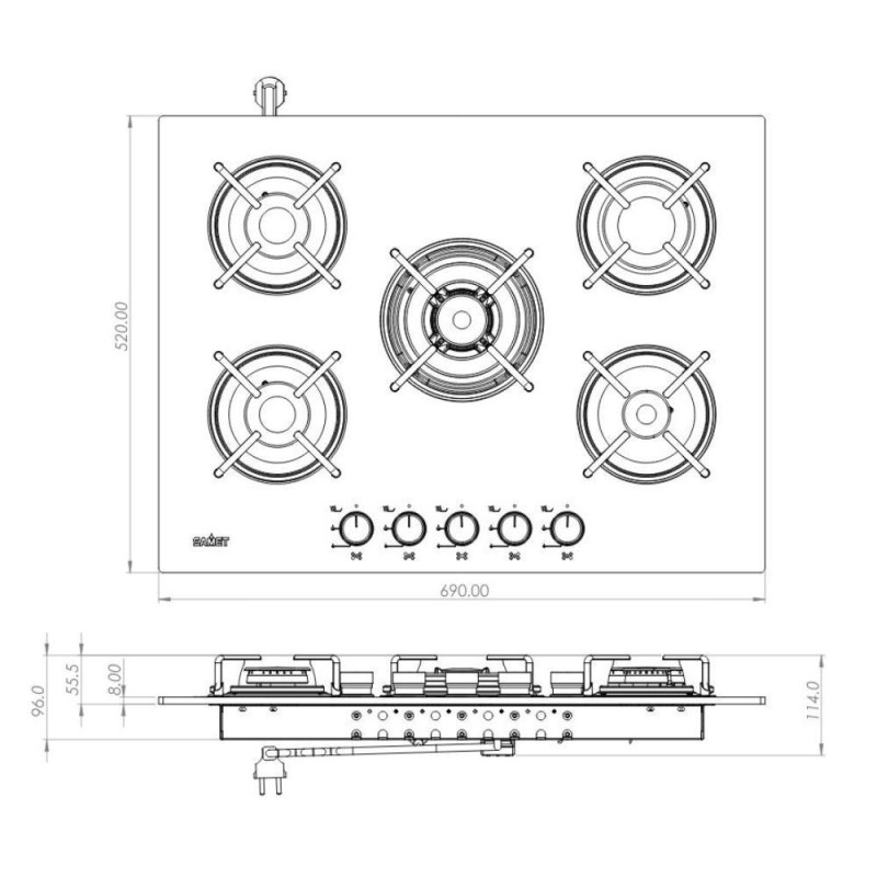 Piano cottura Samet Minerva 70 da incasso a gas 5 fuochi con manopole frontali in vetro bianco