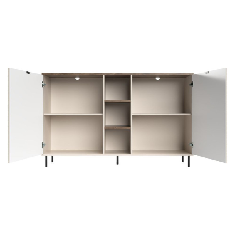 Credenza Mirage08 con 2 ante con motivo geometrico e ripiani a giorno colore cashmere e rovere