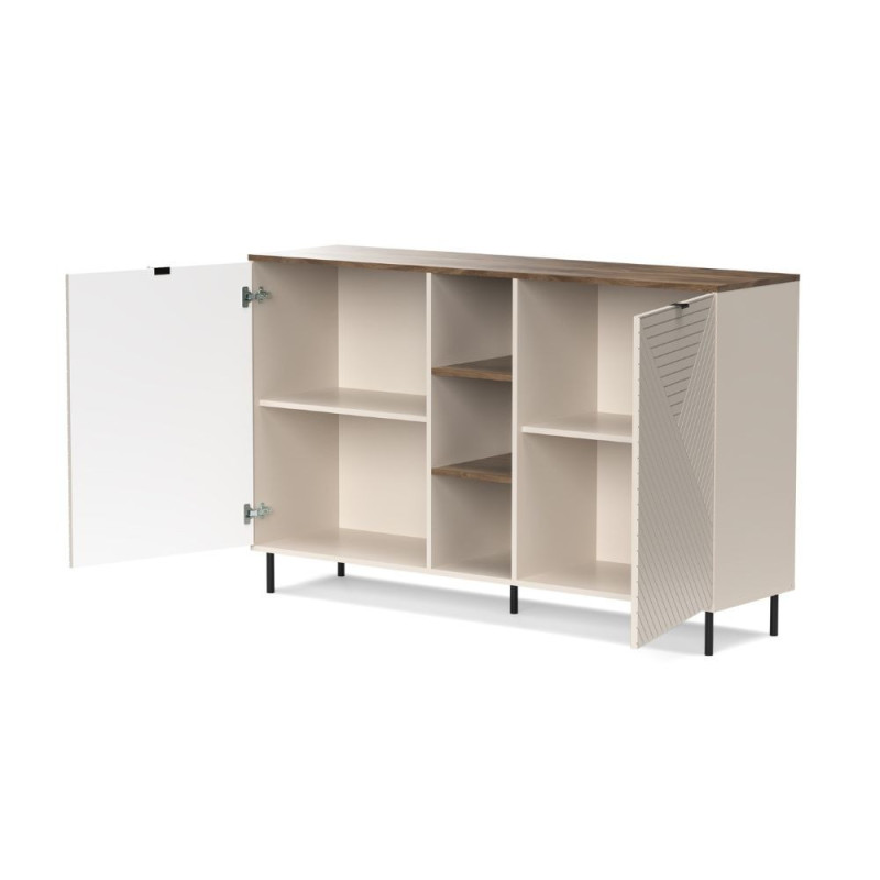 Credenza Mirage08 con 2 ante con motivo geometrico e ripiani a giorno colore cashmere e rovere