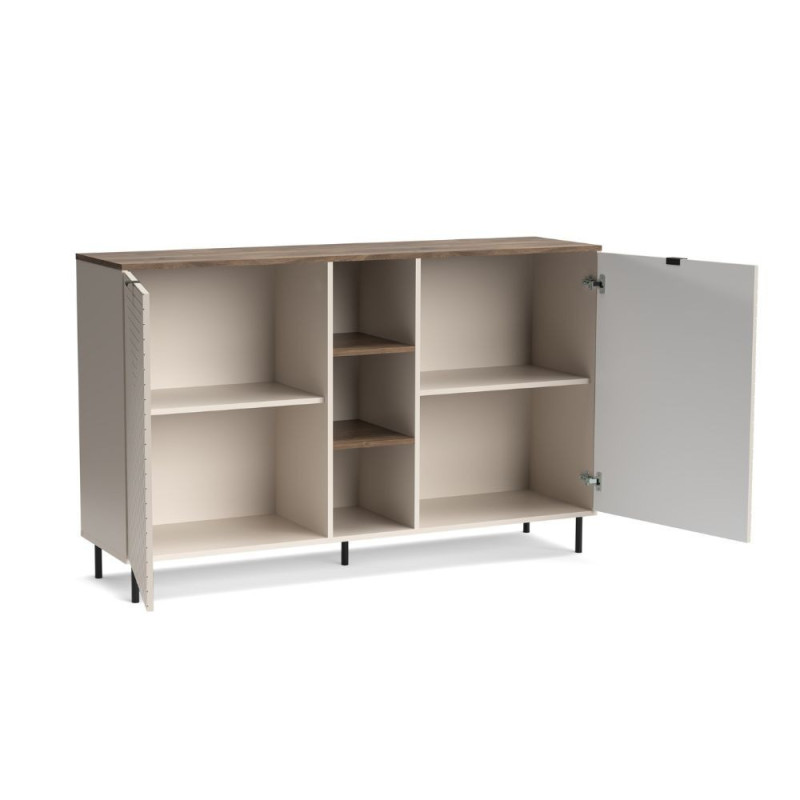 Credenza Mirage08 con 2 ante con motivo geometrico e ripiani a giorno colore cashmere e rovere
