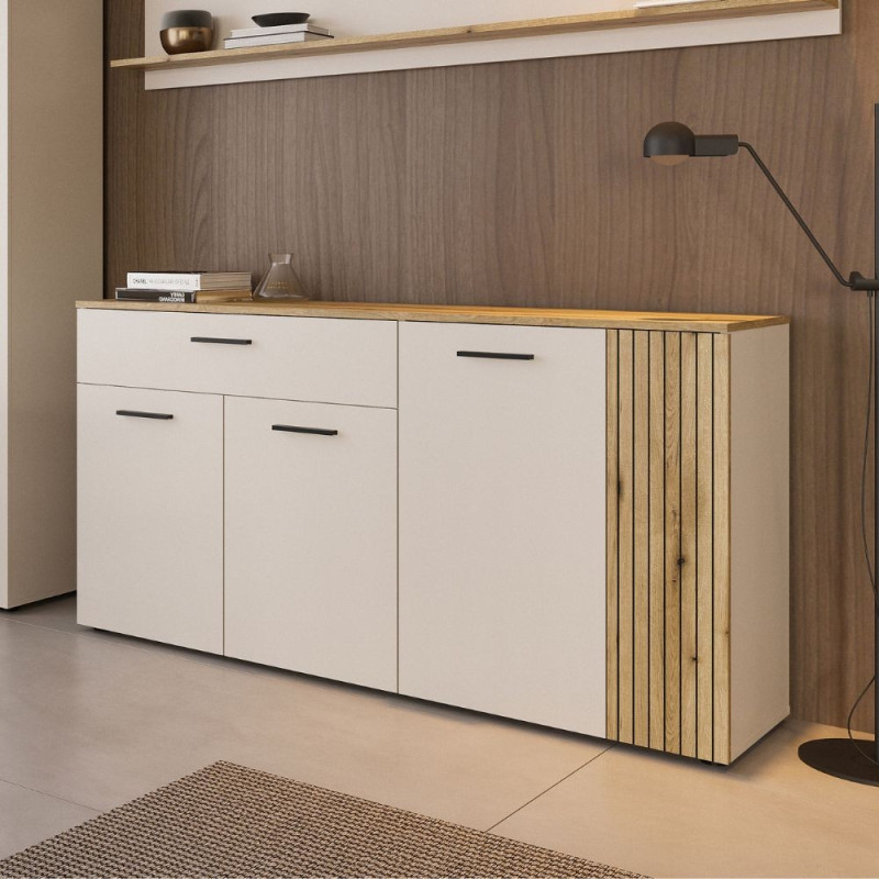 Credenza Frezo03 con 4 ante con dettaglio a listelli verticali e 1 cassetto colore cashmere e rovere evoque