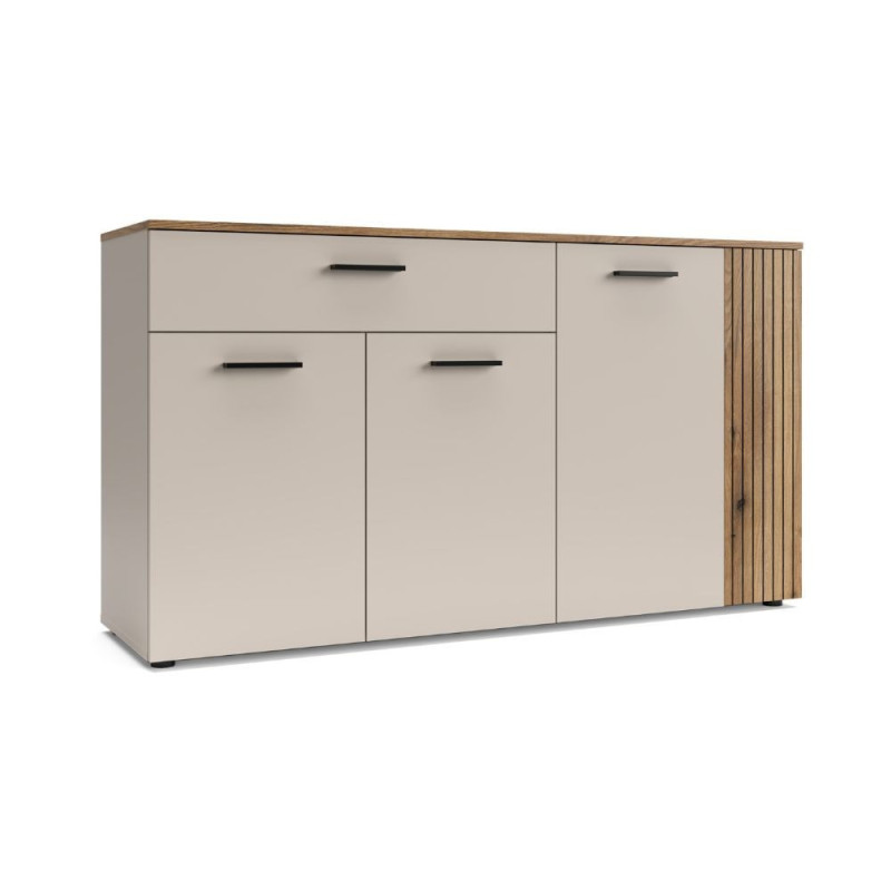 Credenza Frezo03 con 4 ante con dettaglio a listelli verticali e 1 cassetto colore cashmere e rovere evoque