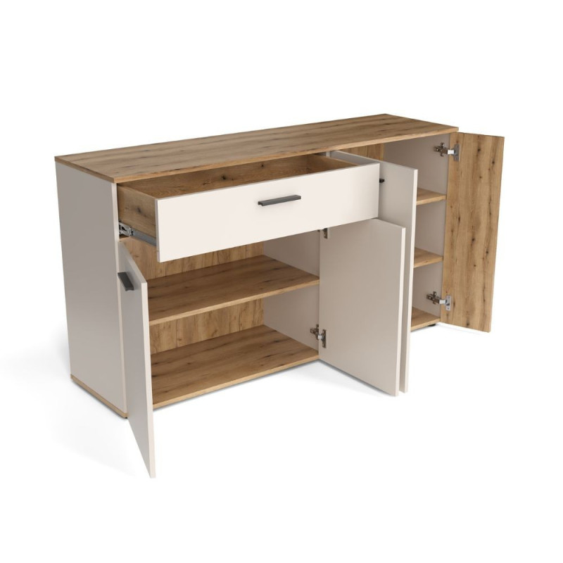 Credenza Frezo03 con 4 ante con dettaglio a listelli verticali e 1 cassetto colore cashmere e rovere evoque