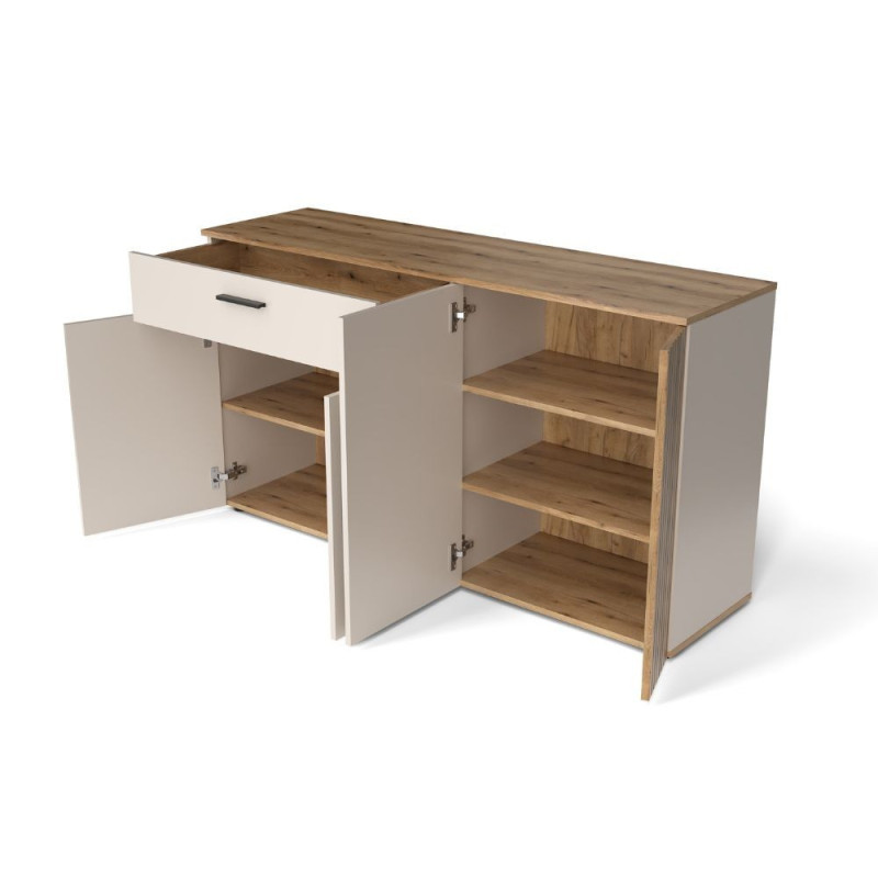 Credenza Frezo03 con 4 ante con dettaglio a listelli verticali e 1 cassetto colore cashmere e rovere evoque