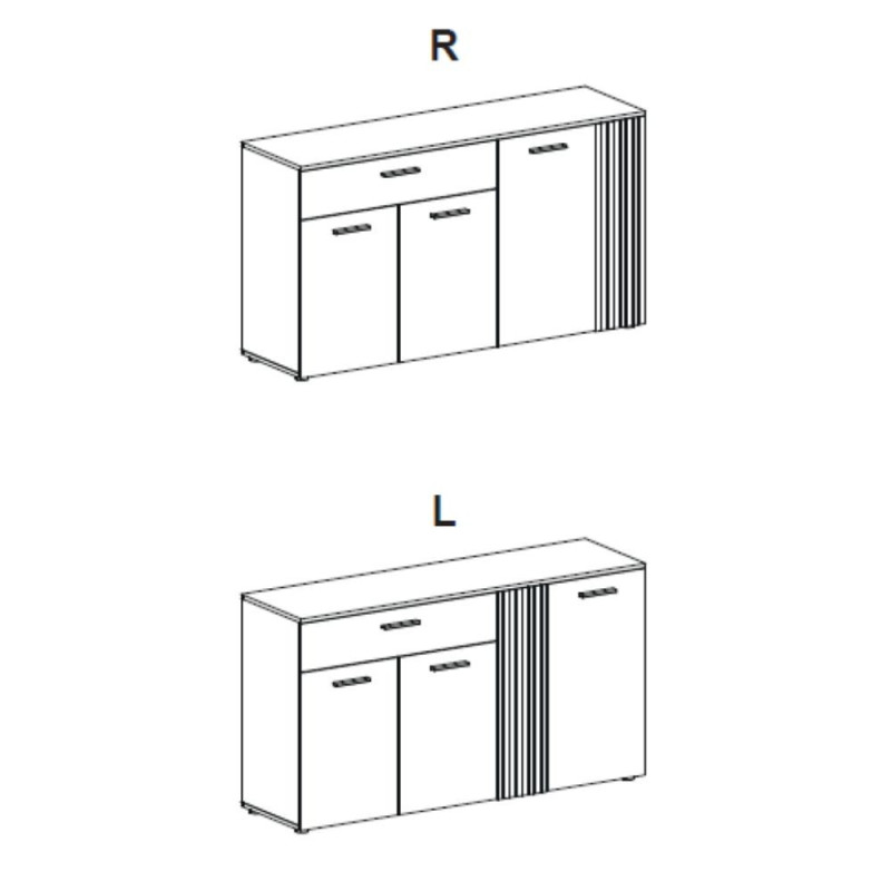 Credenza Frezo03 con 4 ante con dettaglio a listelli verticali e 1 cassetto colore cashmere e rovere evoque