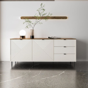 Zoom Credenza Mirage09 con 2 ante con motivo geometrico e 3 cassetti colore cashmere e top rovere