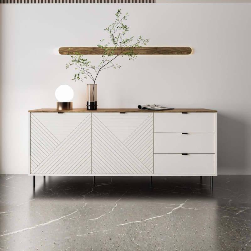 Credenza Mirage09 con 2 ante con motivo geometrico e 3 cassetti colore cashmere e top rovere