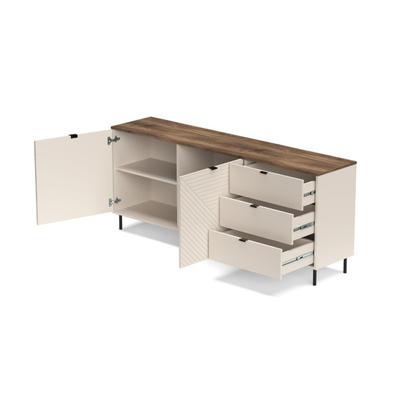 Credenza Mirage09 con 2 ante con motivo geometrico e 3 cassetti colore cashmere e top rovere