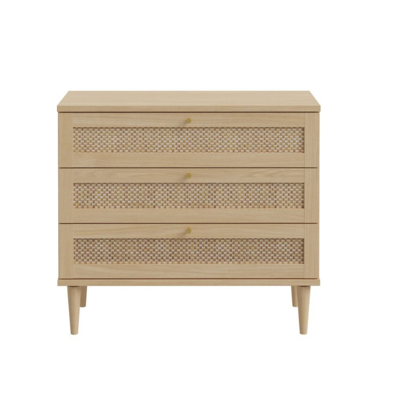 Cassettiera Livia 3 cassetti con dettagli in rattan intrecciato colore rovere