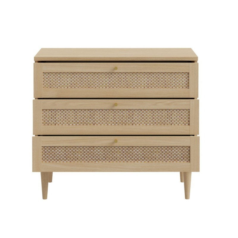 Cassettiera Livia 3 cassetti con dettagli in rattan intrecciato colore rovere