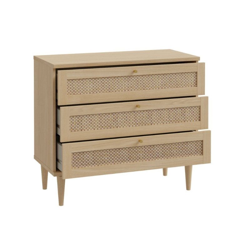 Cassettiera Livia 3 cassetti con dettagli in rattan intrecciato colore rovere