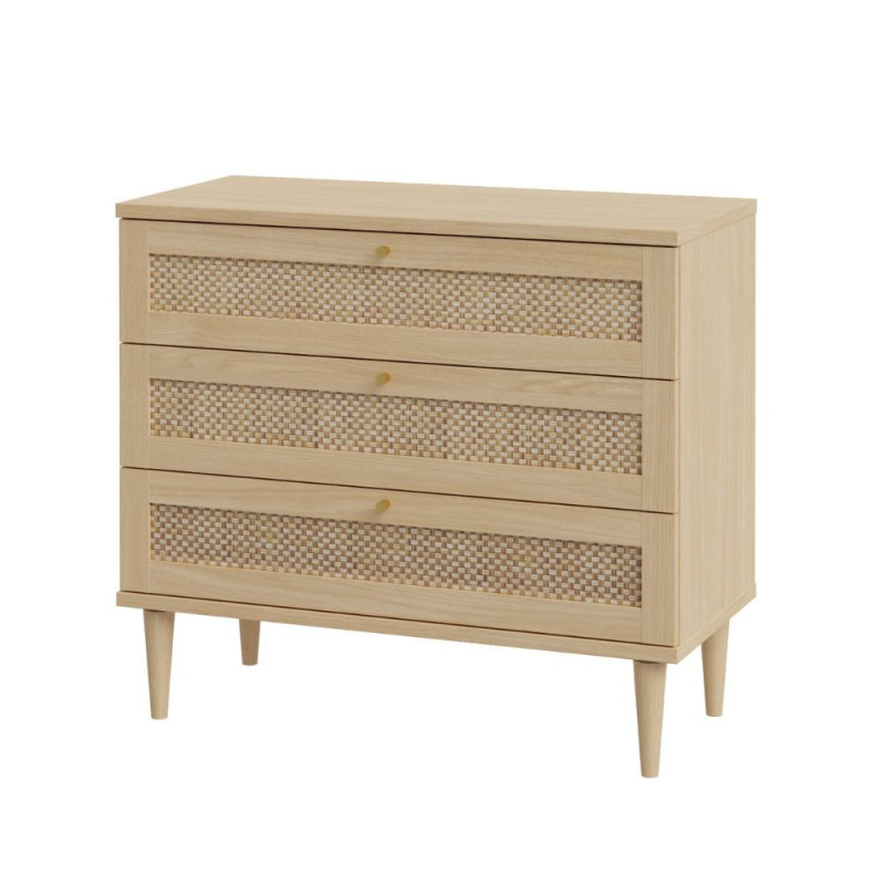 Cassettiera Livia 3 cassetti con dettagli in rattan intrecciato colore rovere