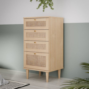 Cassettiera Livia 4 cassetti con dettagli in rattan intrecciato colore rovere