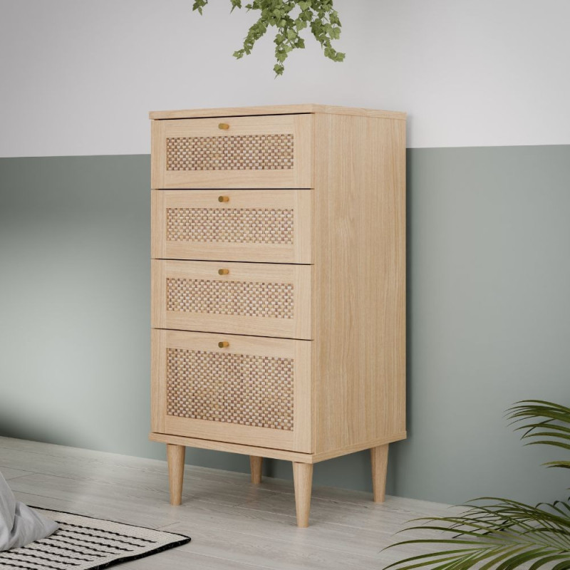 Cassettiera Livia 4 cassetti con dettagli in rattan intrecciato colore rovere
