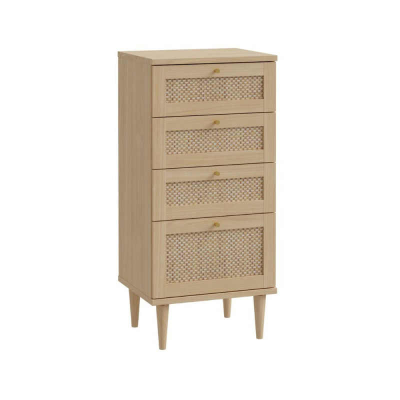 Cassettiera Livia 4 cassetti con dettagli in rattan intrecciato colore rovere