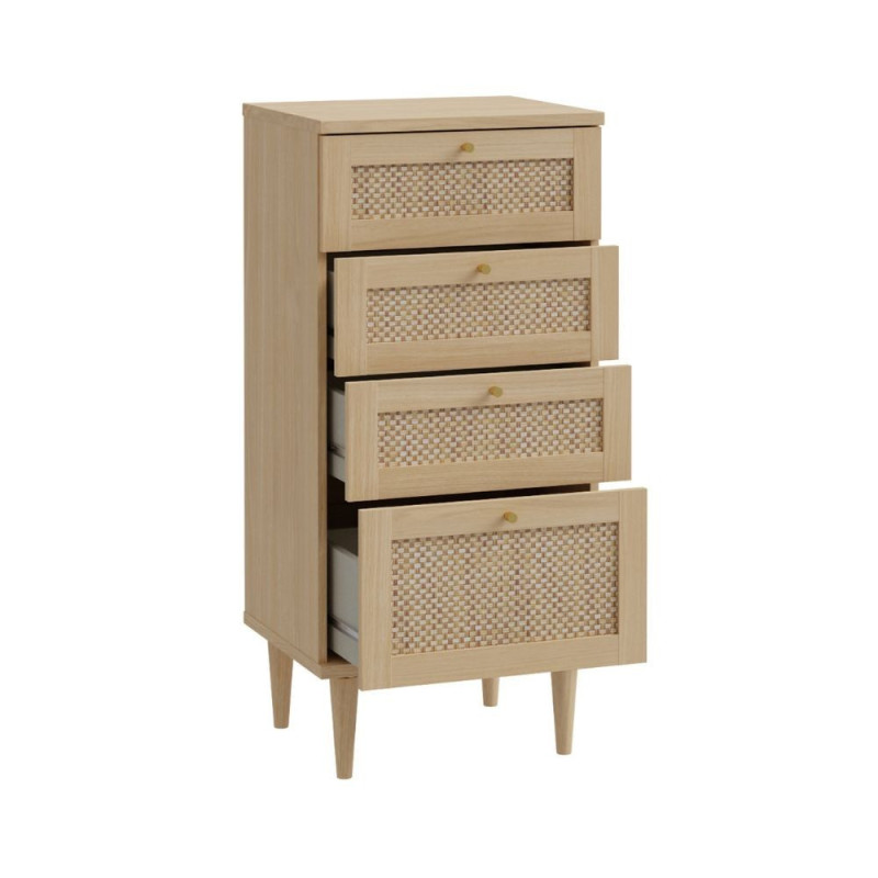 Cassettiera Livia 4 cassetti con dettagli in rattan intrecciato colore rovere