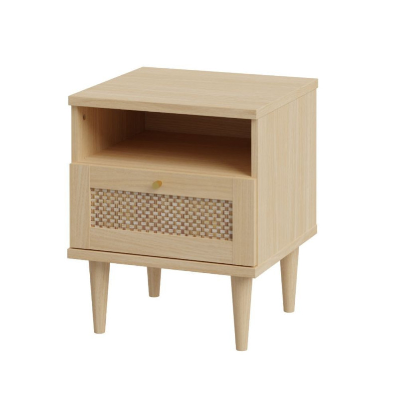 Comodino Livia 1 cassetto con dettaglio in rattan intrecciato e nicchia a giorno colore rovere